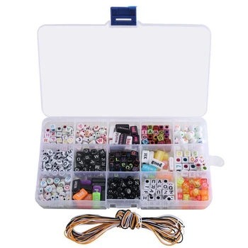 

15 Grid Letter Pattern Beads Acrylic Colorful Large Hole Beads Transparent Beads Combination Set with Rope Round Square