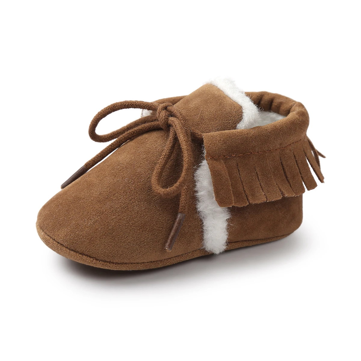 Зимняя детская обувь для новорожденных; Теплая обувь для маленьких мальчиков и девочек с пушистой бахромой; замшевая обувь на шнуровке для малышей; обувь для ползания; повседневные Мокасины - Цвет: Коричневый