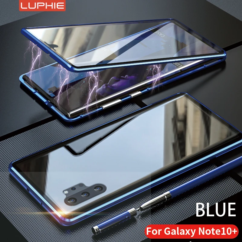 Магнитная Адсорбция для samsung Galaxy Note 10 Plus металлический каркас двухстороннее закаленное стекло ультра тонкий ударопрочный чехол - Цвет: Синий