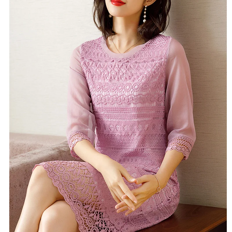 

Ozhouzhan Spring Clothing Pink Hollow out Lace Dress Women's Spring And Autumn Mid-length 2019 New Style Popular Skirt