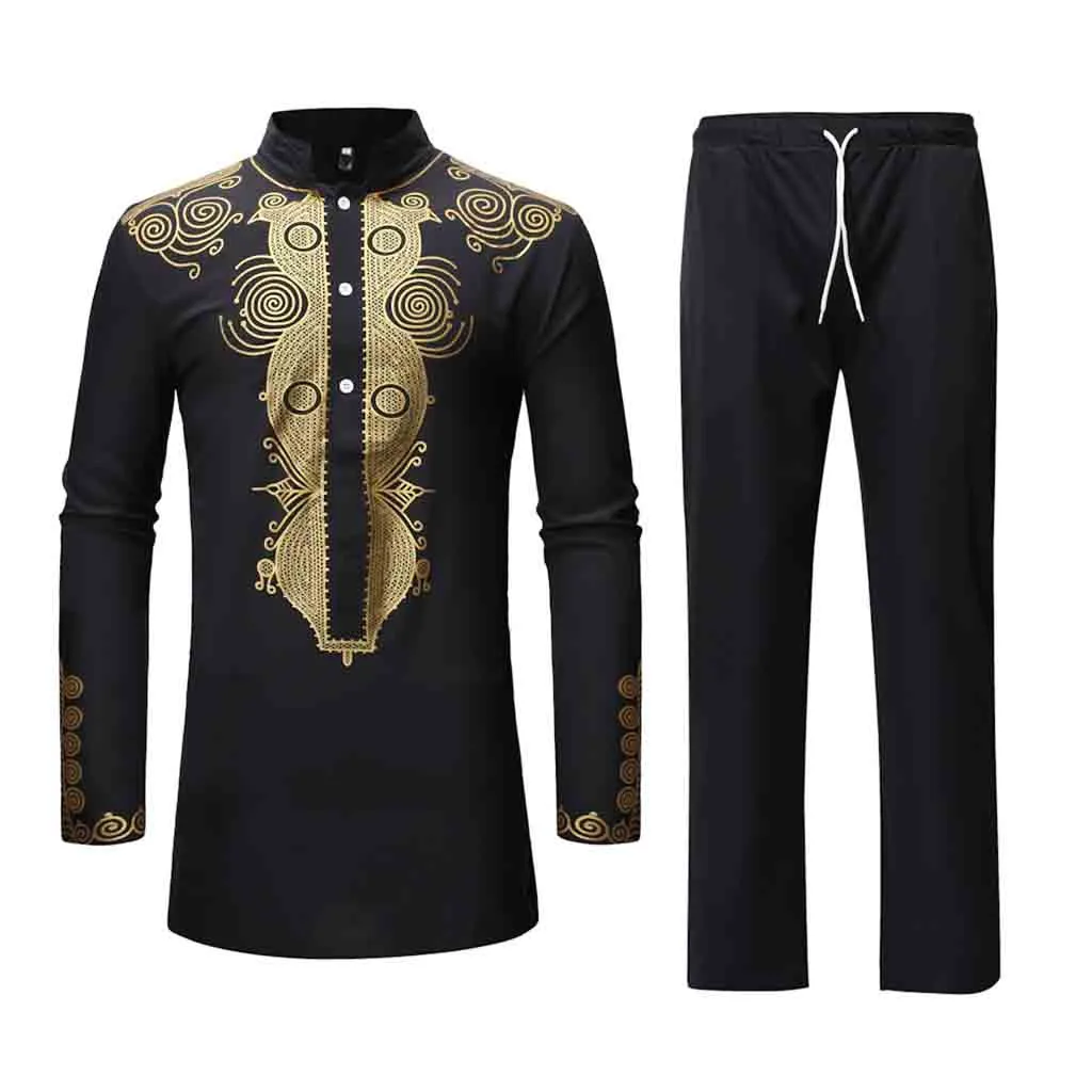 Мужская осенне-зимняя теплая Роскошная рубашка Дашики с длинными рукавами и принтом в африканском стиле Топ Блузка c822