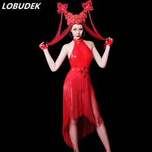 Красный боди с кисточками, юбка, набор, День Святого Валентина, бар, вечерние, одежда для сцены, сексуальный ночной клуб, DJ, певец, танцор, сценический костюм