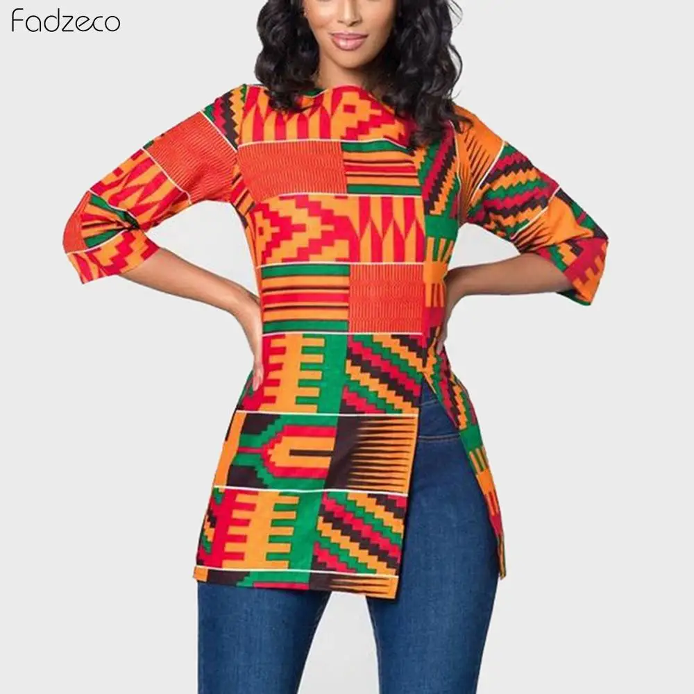 Fadzeco African Women Clothes Dashiki Tops Half Sleeve Front Split Ankara Print T-Shirt Vestido Fashion Blouse African Clothing