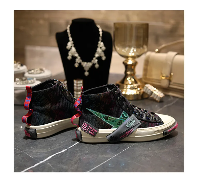 Jady Rose Colorful Retro Women Vulcanized Shoes Flat Canvas Shoes Woman Espadrilles Trainers Casual Lace-up Sneakers High Tops