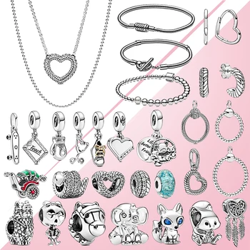 

2020 Autumn 925 Silver Fluffy Llama Skeleton Girl Traditional Rickshaw Charm Clip T-Bar Snake Chain Bracelet Heart Necklace