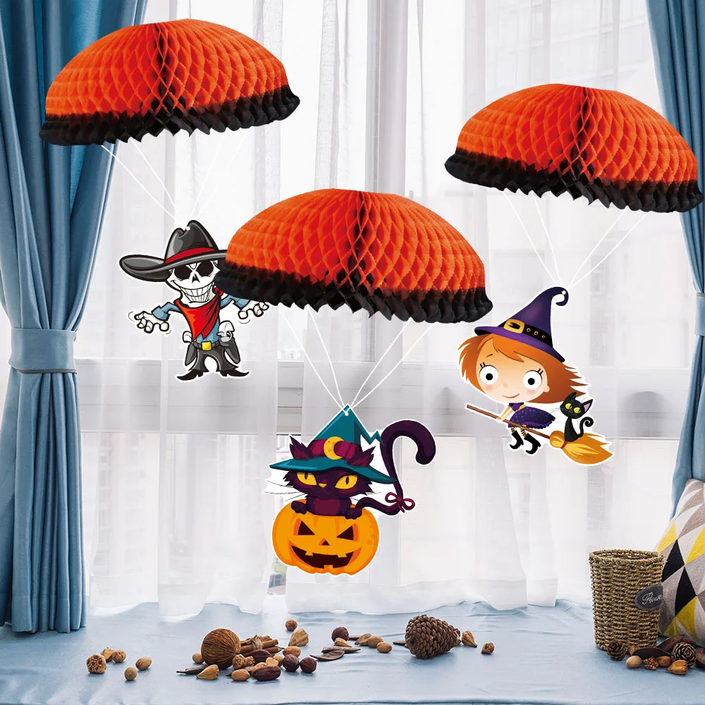 

2019 New 1 set Halloween Paper Parachute Hangers Skeleton Cat Witch Style Halloween Decoration Prop Party Supplies