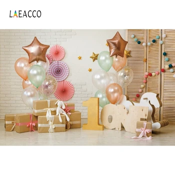 

Laeacco Birthday Party Photophone Balloons Trojan Gifts Wood Screen Photography Backdrops Children Portrait Photo Backgrounds