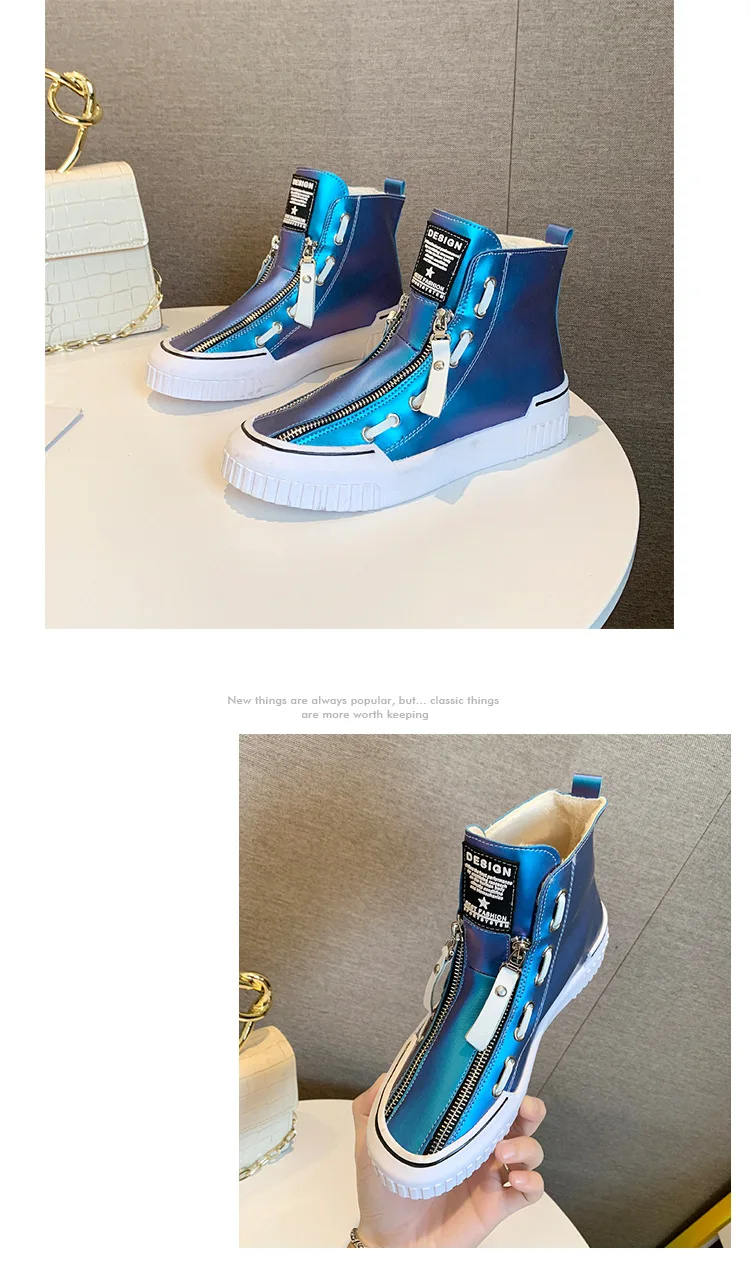 Winter Glitter Color Women High-top PU Sneakers Female Sports Skateboarding Shoes Zipper Plus Velvet Shoes Boots Wild Sneakers