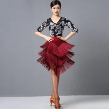 Одежда для латинских танцев, женская одежда для бальных танцев, современная танцевальная одежда, топы с принтом, юбка с бахромой DL4320