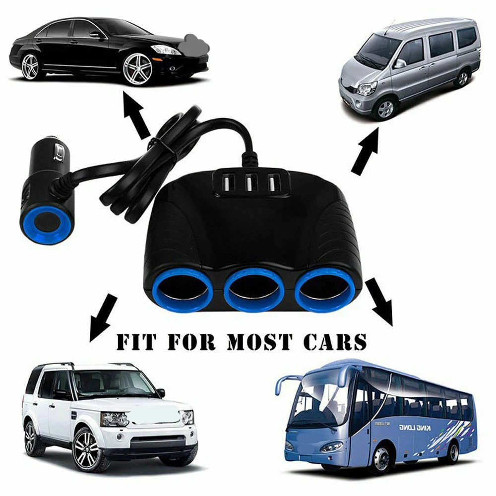 

Car 3 Way Car Cigarette Lighter Socket Splitter Charger Power Adapter DC+USB 3 Port Plug 12V-24VOne-trailer-three-vehicle charge