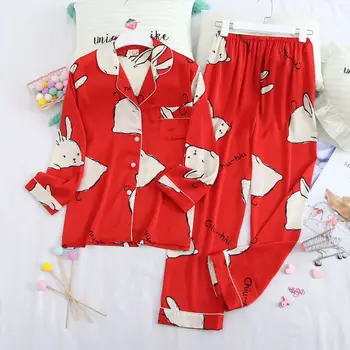 

2PCS Sleepwear Cute Women's Thin Print Pajama Suit Ins Casual Pyjamas Long Sleeve Home Clothes Sexy Casual Intimate Lingerie