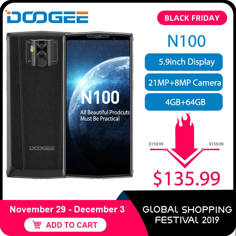 

DOOGEE N100 Mobilephone 10000mAh Battery Fingerprint 5.9inch FHD+ Display 21MP Camera MT6763 Octa Core 4GB 64GB Cellphone 4G-LTE