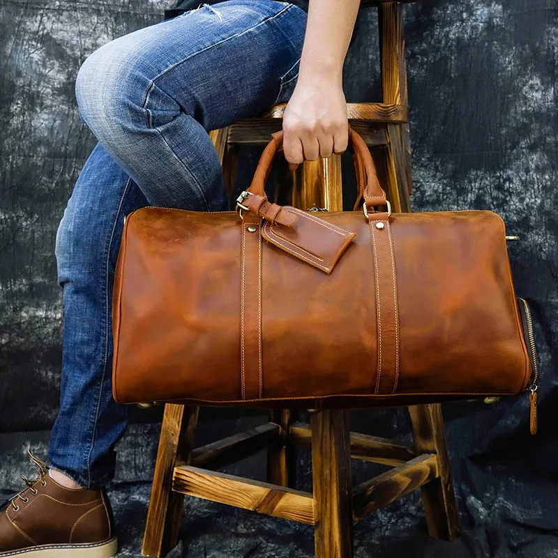 Mens Thick Crazy Horse Leather Travel Bag 20" Cow Leather Duffel Travel Bag Vintage Genuine Luggage Tote Messenger