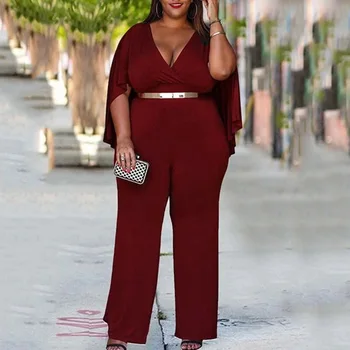 

Women Long Jumpsuits Plus Size 2020 Elegant Office Lady Work Wear Rompers Sexy African V Neck High Waist Female Jumpsuits