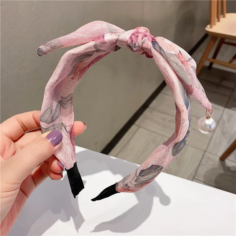 

Elegant Women Hairband Floral Printed Chiffon Pearl Rabbit Ears Headbands for Girls Korean Hair Hoop Bezel Hair Accessories