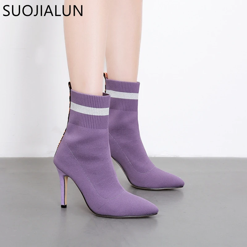 

SUOJIALUN Fashion Ankle Elastic Sock Boots Sexy High Heels Stretch Women Autumn Booties Pointed Toe Women Pump Shoes