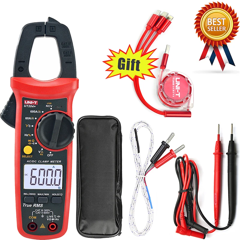 UNI-T UT204 + medidor de abrazadera NCV,400-600A con Prueba de Temperatura multímetro de alta precisión automático, UT204 plus valores eficaces verdaderos. Enviar una línea de prueba.