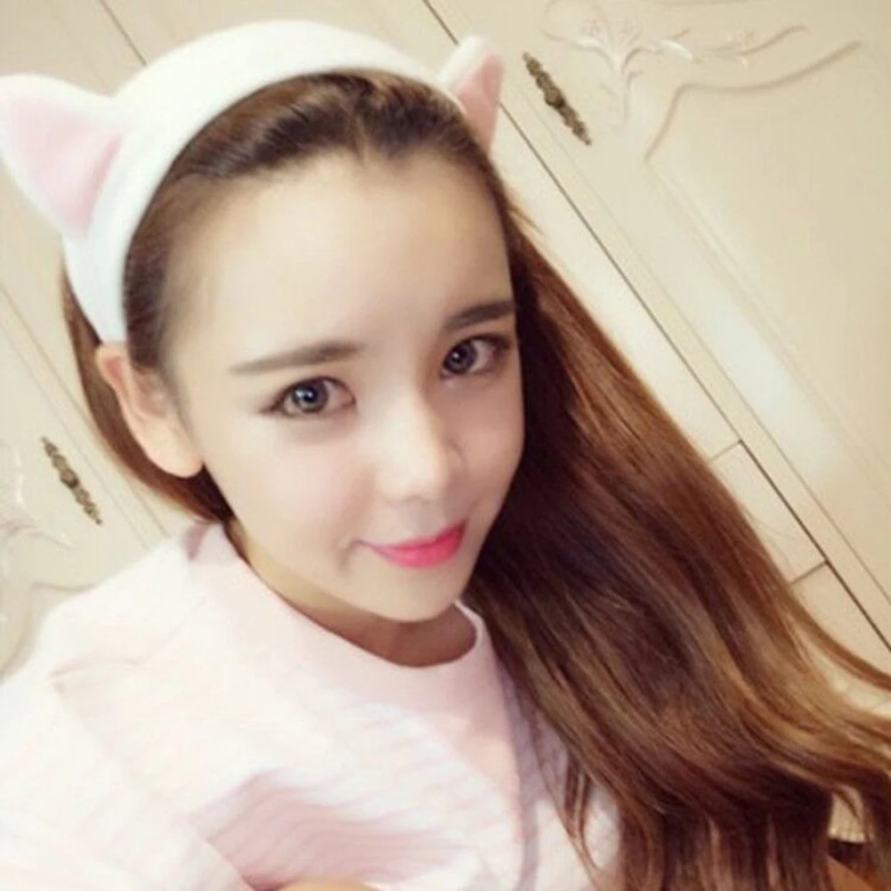 Lovely Cartoon Cat Ears Soft Elastic Women Hairband Face Washing Makeup Headband