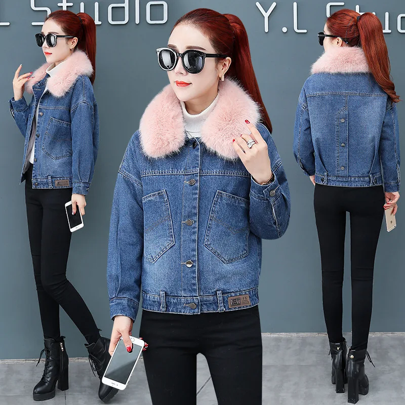 

Lambs Wool Coat 2019 New Style Short Korean-style Loose Cotton Coat Thick Cowboy outside Women's Winter Large Fur Collar 092203