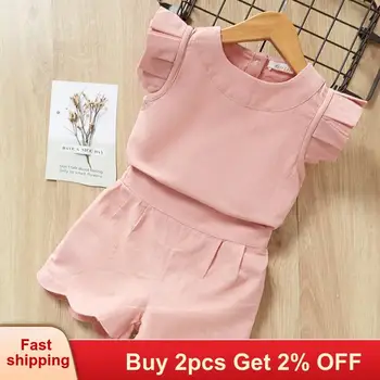 

Girls Clothing Sets 2018 Children Summer Sleeveless Solid-Color O-Neck T-shirts + Short Pants 2Pcs for Girls Suits Kids Clothes
