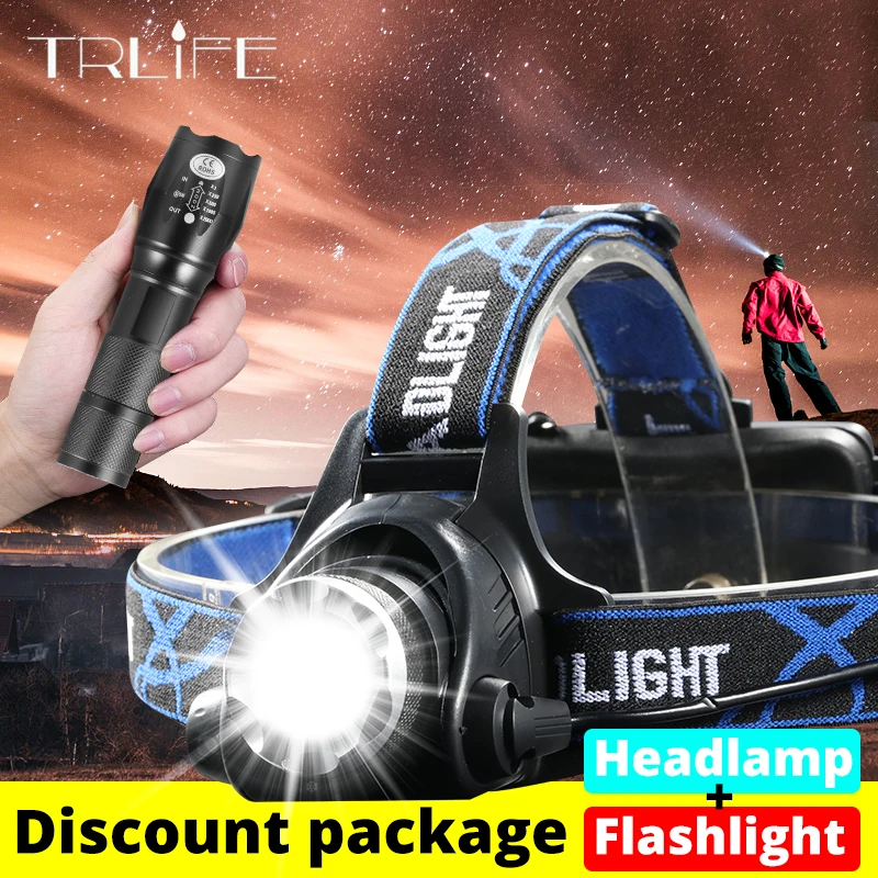 Светодиодный налобный фонарь T6/L2/V6 с увеличением используйте 2*18650 + светодиодный