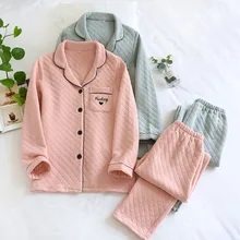 Autumn/winter Women Pajamas Set Solid Color Air Layer Thickened Cotton Long Sleeve Ladies Sleepwear Simple Loose Comfy Home Suit