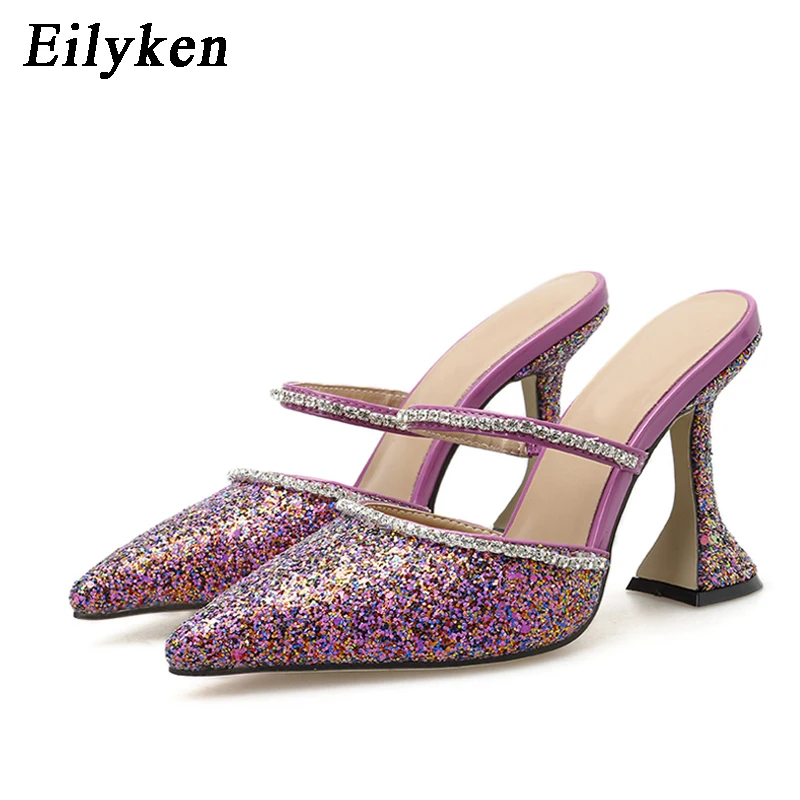 Eilyken; коллекция года; сезон лето; Новинка; элегантные женские туфли без задника со стразами и блестками; женские модельные туфли с острым носком и каблуком-чашкой