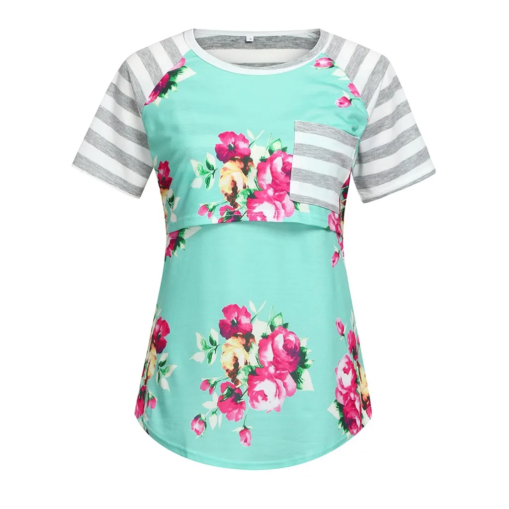Блузка для кормления грудью для беременных женщин; футболка для кормящих; топы; летняя одежда для беременных с круглым вырезом и коротким рукавом в полоску с цветочным принтом; Одежда для беременных