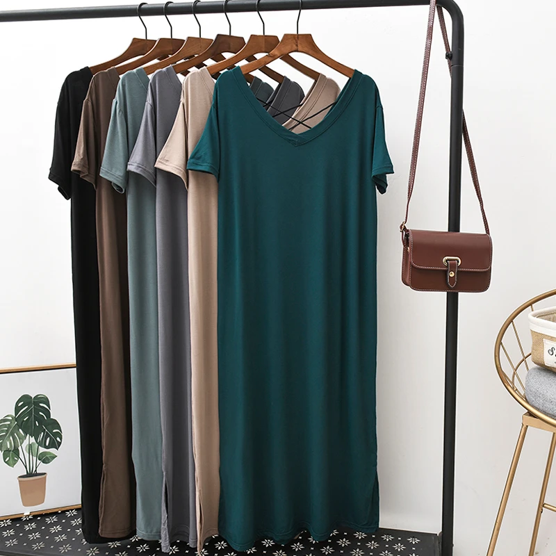 

VRIGINER Long T-shirt Dresses Women Summer Modal V-neck Sexy Leaky Dress Loose Long Sleeve Short Sleeve Vest Large Size