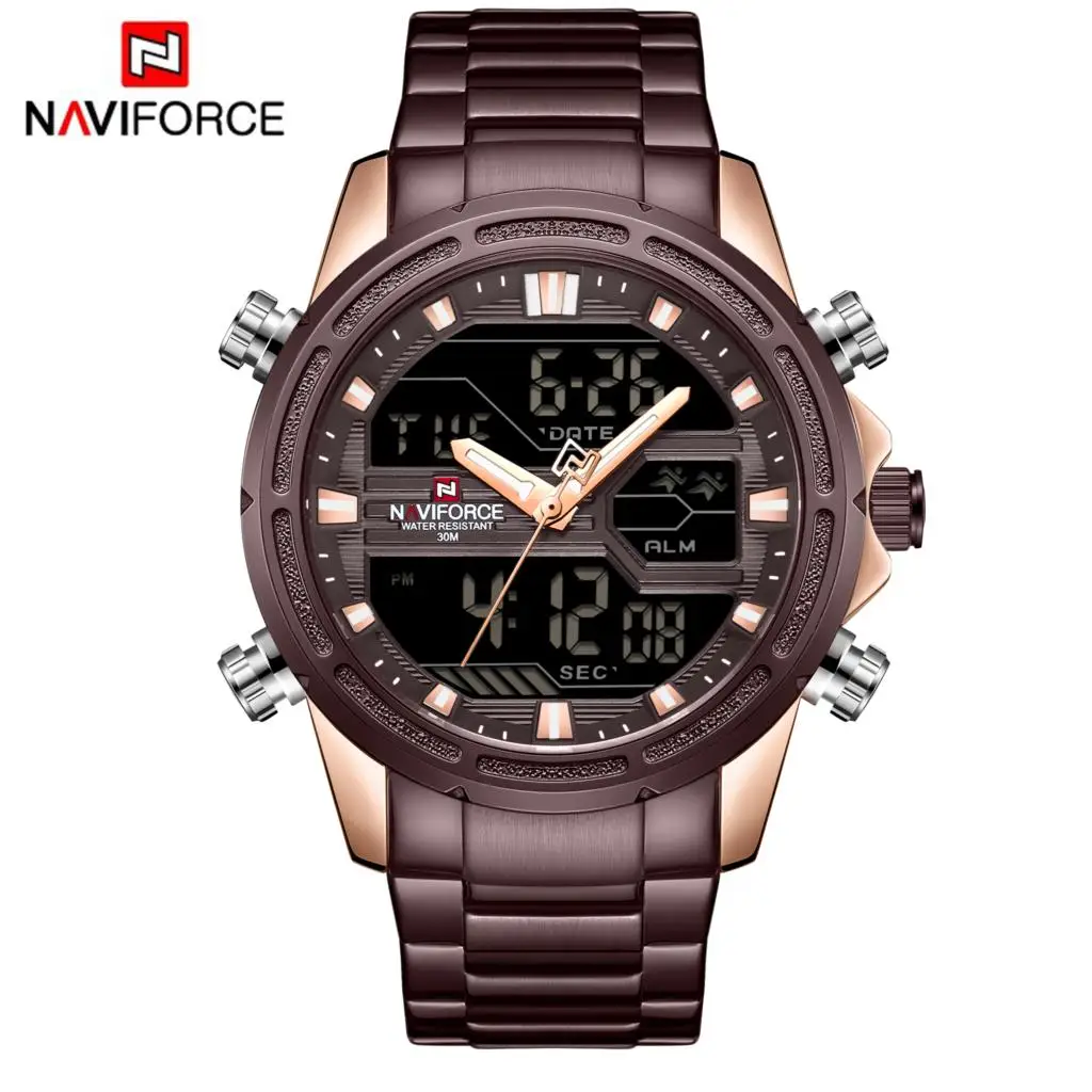 NAVIFORCE мужские спортивные часы мужские кварцевые светодиодный цифровые часы мужские роскошные брендовые полностью стальные военные наручные часы Relogio Masculino - Цвет: RGCE