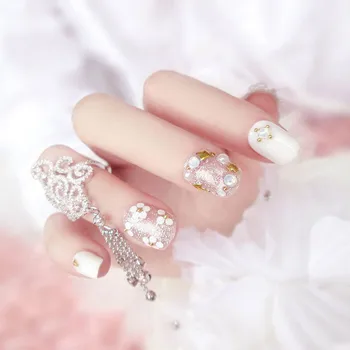 

24pcs/Set Pretty Rhinestone Pearl Decor Wedding Bride Nail Tips Short Design Full Cover Glitter False press on Nails with gule