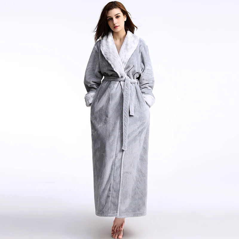 Women Light Gray Для женщин удлиненные размера плюс зима теплый халат Термальность мех розовый банный халат невесты Халаты Для мужчин ночное кимоно, одежда для сна - Цвет: Women Light Gray