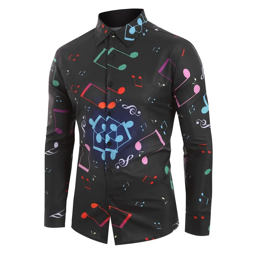 Musical Note Men Shirt New Casual Printed Hawaiian Slim Fit Long Sleeve Dress Shirt Blouse Tops Autumn Shirts Men Clothing - Цвет: Черный