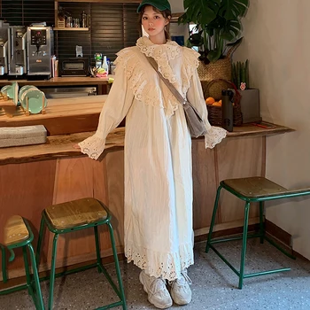 

iMucci Chic Korean Style Sweet Fashion Hole Embroidered Hollow Out Loose Long Fund Overknee Flare Sleeve Dress Women TM1131