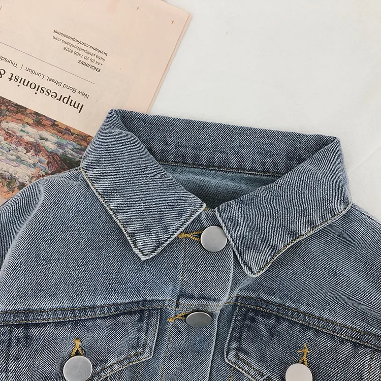 Осень, модные короткие джинсовые куртки для девочек, детские повседневные универсальные модные однобортные пальто