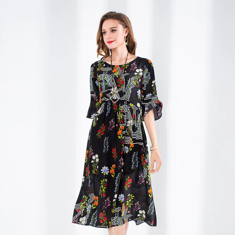 

Christmas silk floral dress women's clothes femme summer long sexy retro beach casual slim dresses plus size summer black print