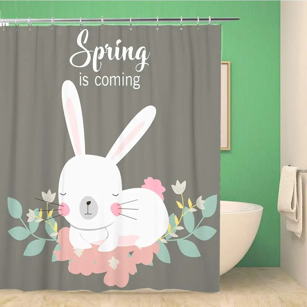 

Bathroom Shower Curtain Colorful Animal Cartoon Easter Bunny Bird Butterfly Celebration Character Cheerful 72x72 inches