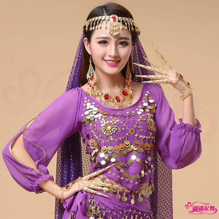 India Dance Table Performance Practice Clothes Belly Dance Clothing New Style Belly Dance Two Flowers Pepper Long-sleeved Upper