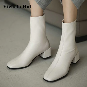 

Vichelo Hot new korean girls genuine leather fashion square toe thick high heels zipper gentlewomen dress dating ankle boots L06