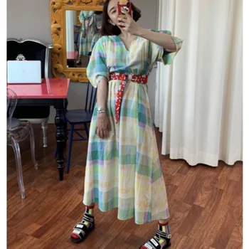 

Fashion Women Long Dress V Neck Otton Ladies Dress Summer New 2020 Casual Short Sleeve Women Clothing T699