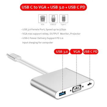 

USB Type C to VGA Adapter With USB 3.0 PD , Laptop USB C VGA connect Projector Monitor, for MacBook Pro Air Samsung Dex Mode