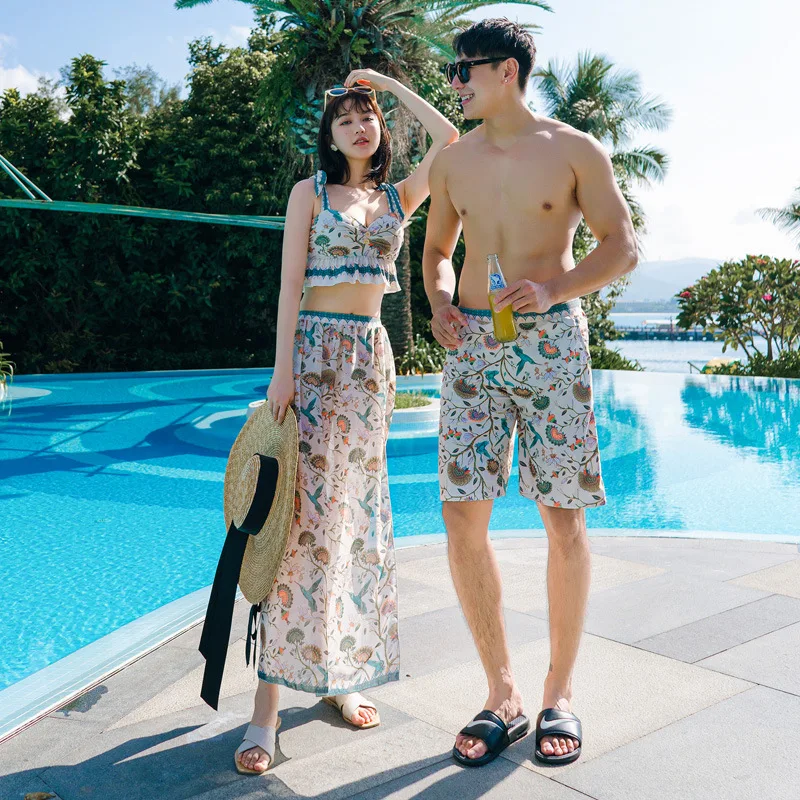 

2020 New Style Couples Bathing Suit Three-piece Set South Korea Beach Set Seaside Honeymoon Bathing Suit Men's Hot Springs Swimw