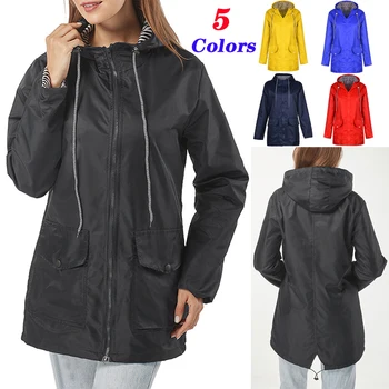 

2020 Spring Autumn Women Solid Waterproof Jacket Fashion Hooded Outwear Long Raincoat Female Windbreaker Outwear Eu Size 2XL