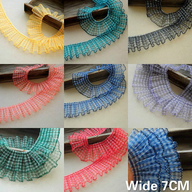 

7CM Wide Colorful Tulle Yarn Lace Printed Small Lattice 3d Pleated Lace Trim Ribbon Dolls Dress Clohting Hat DIY Sewing Decor
