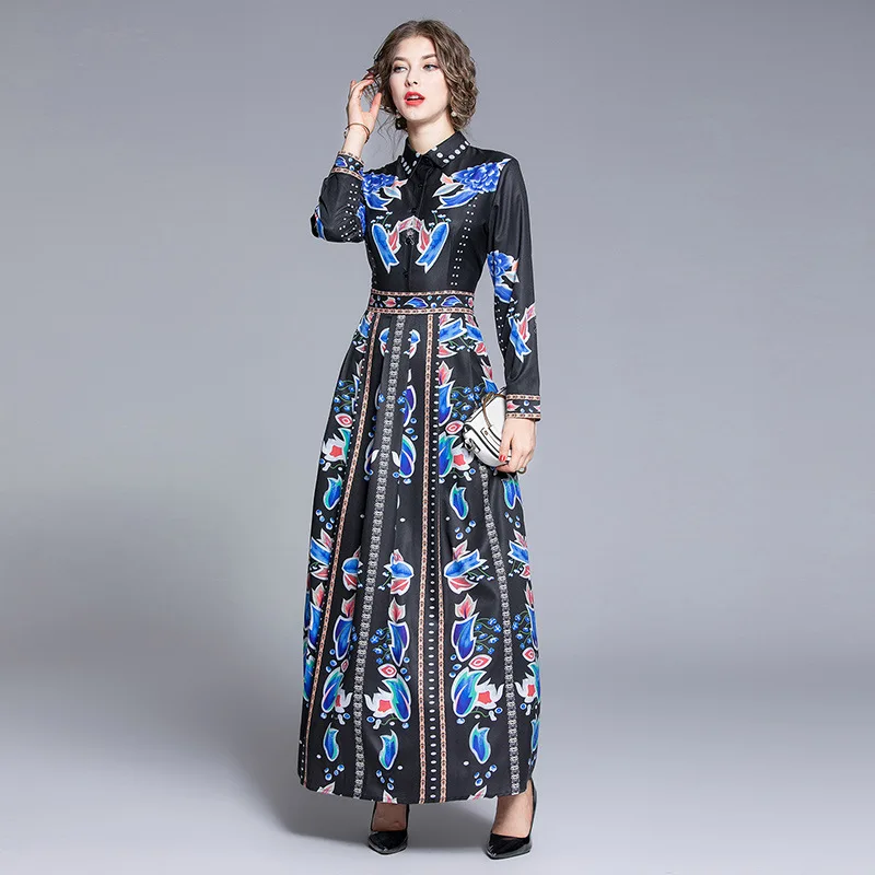 

Photo Shoot 2019 Europe And America Fashion Waist Hugging Slim Fit Versatile Positioning Floral Printed Dress