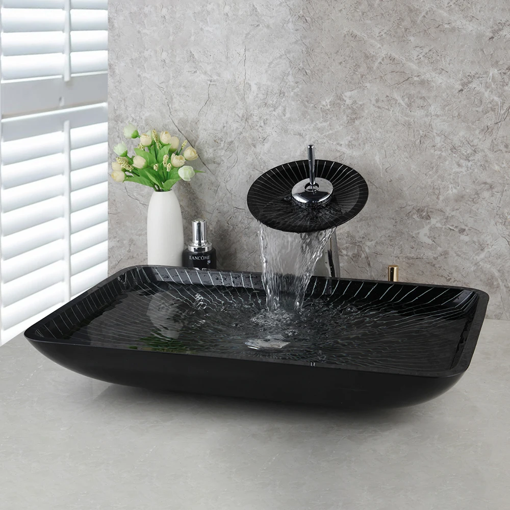 Square Black Bathroom Sink Washbasin Bath Set Faucet Mixer Tap