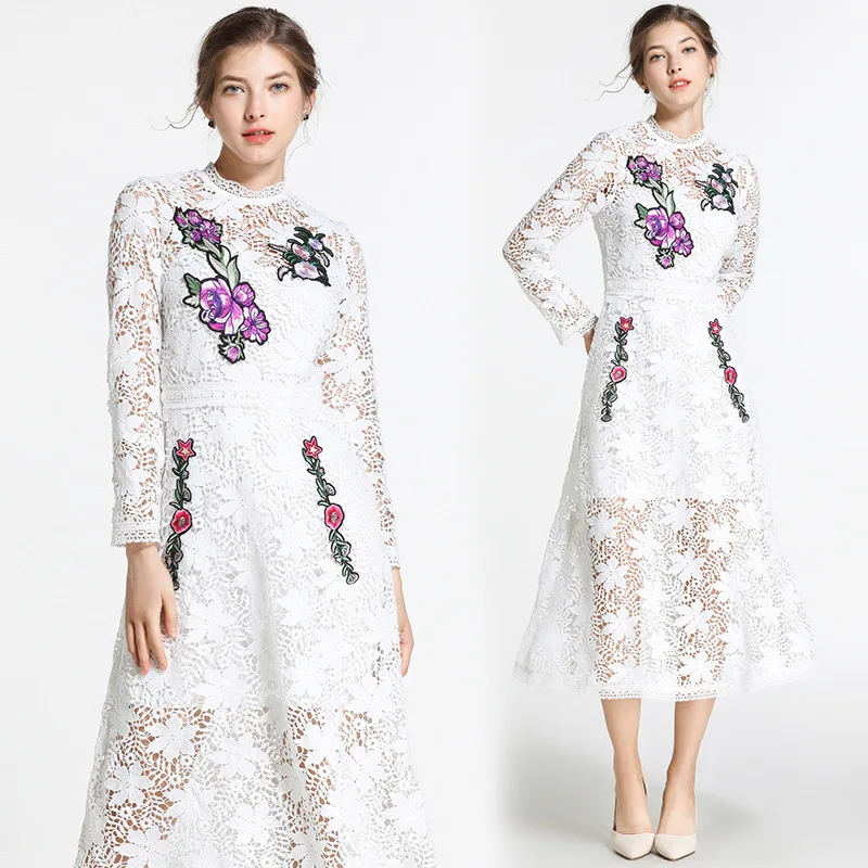 

WOMEN'S Dress 2019 Early Spring New Style Embroidered Hollow out Lace Stand Collar Immortal of Waist Hugging Mid-length Dress-