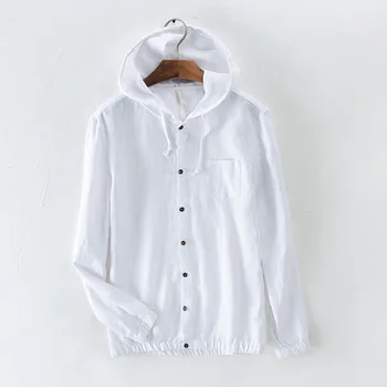 

2020 Men Summer New Style Flax Hooded Pullover Shirt Teenager Long Sleeve Solid Color Casual Shirt