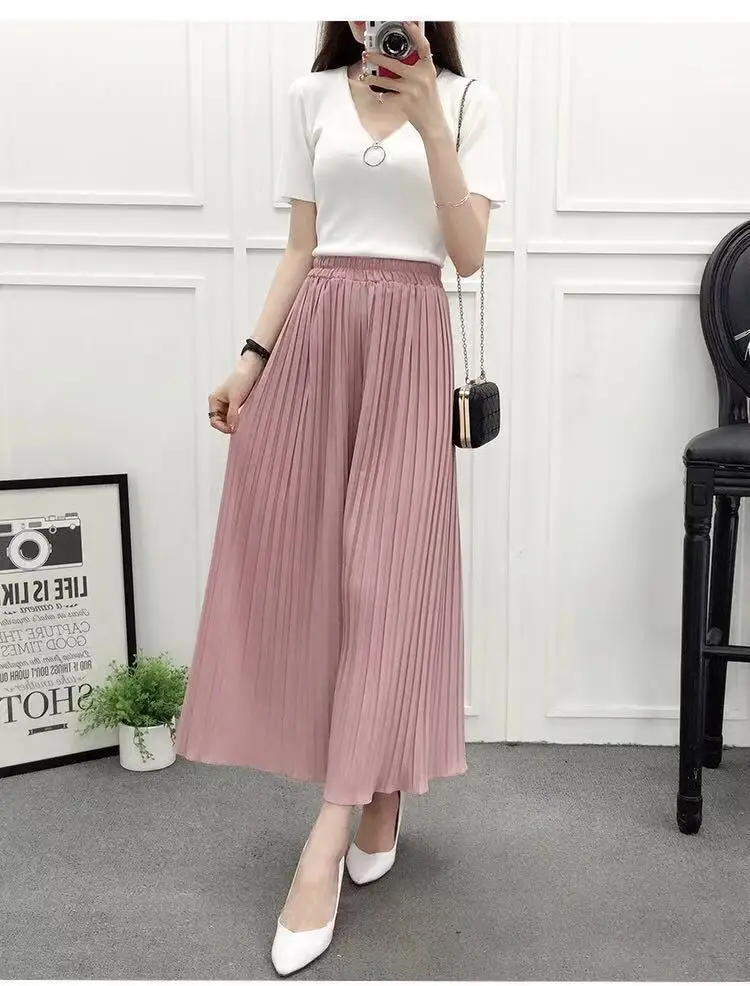 

Women Summer Thin Knit Trousers Black Wide Leg Loose Pants Ankle Length Pants trouser Elastic pleated chiffon wide-leg pants New
