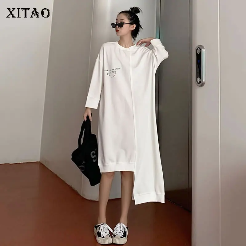 XITAO асимметричное длинное платье с буквенным принтом для женщин плиссированное